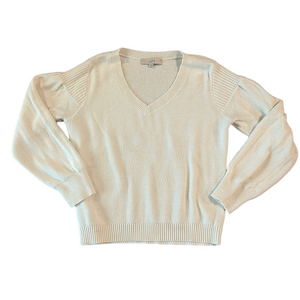 LOFT White V-Neck Knit Long Sleeve Sweater with Knit Shoulder Detail Size Large